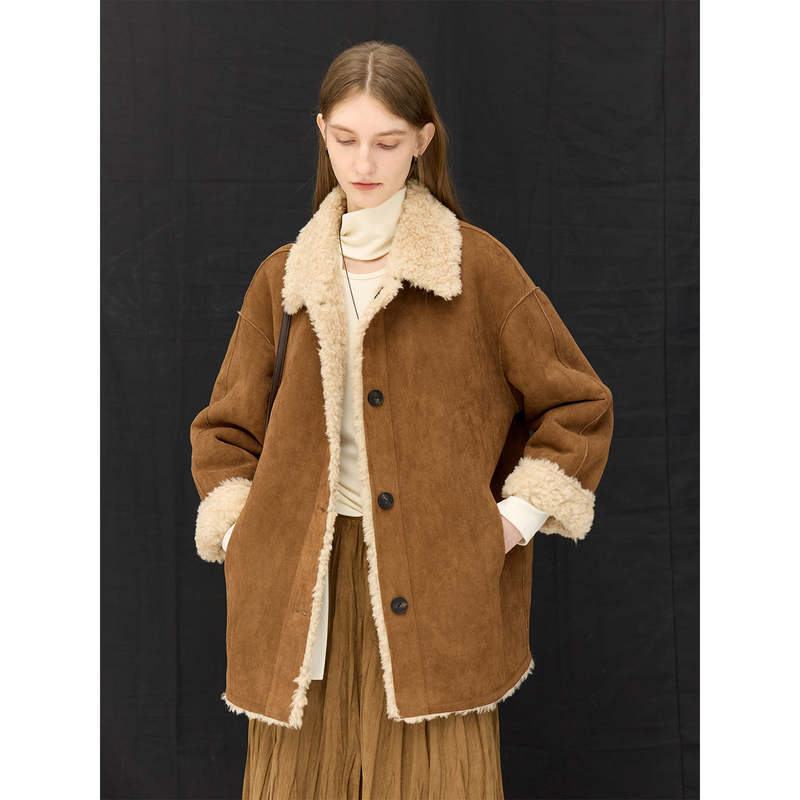 Chalamon Reversible Faux Fur Integrated Leather Coat for Women, Winter Lamb Wool Suede Coat