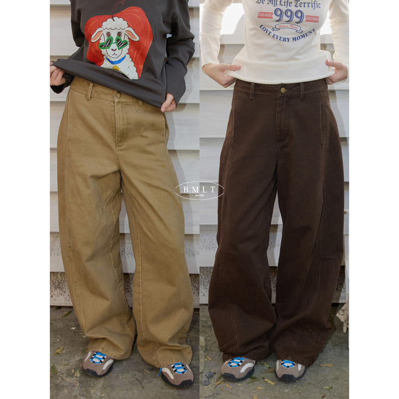 Bmlt [Time Marks] Pure Cotton Slimming Workwear Wide-Leg Pants for Women, Autumn Coffee Brown Two-Tone Straight Casual Trousers