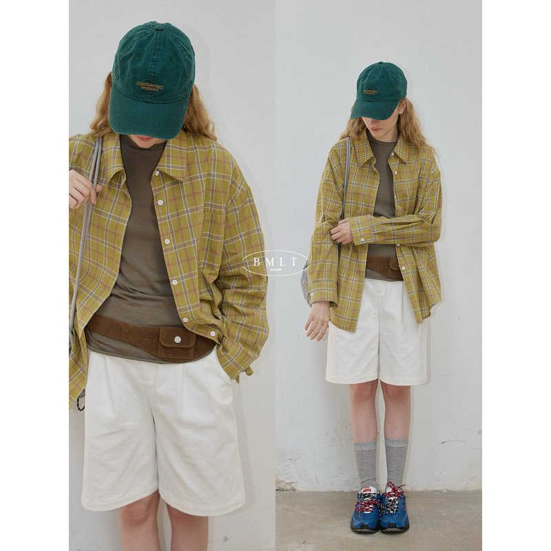 Bmlt [Twilight Checkered Language] Pure Cotton Yellow-Toned Plaid Shirt for Women, Loose, Casual, Versatile, Autumn Ginger Lemon Plaid Shirt