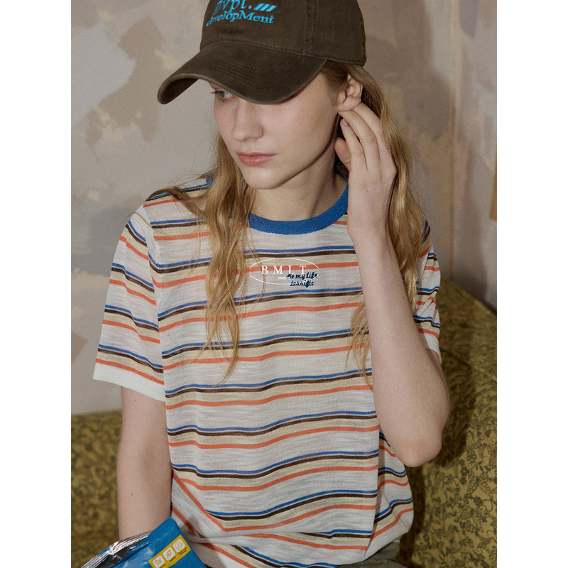 Bmlt [Rainbow Prologue] Design-Inspired Color-Blocked Linen Knit Short-Sleeve T-Shirt for Women, Suitable for Daily Wear and Commuting, Simple Summer Style