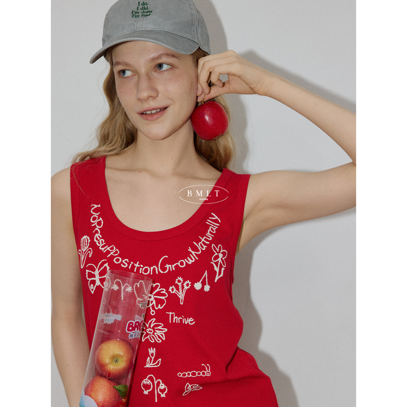 Bmlt [Red Notes Softly Chanted] American-Style Floral Letter Red Tank Top for Women, U-Neck Sleeveless Casual Age-Reducing Outerwear Top
