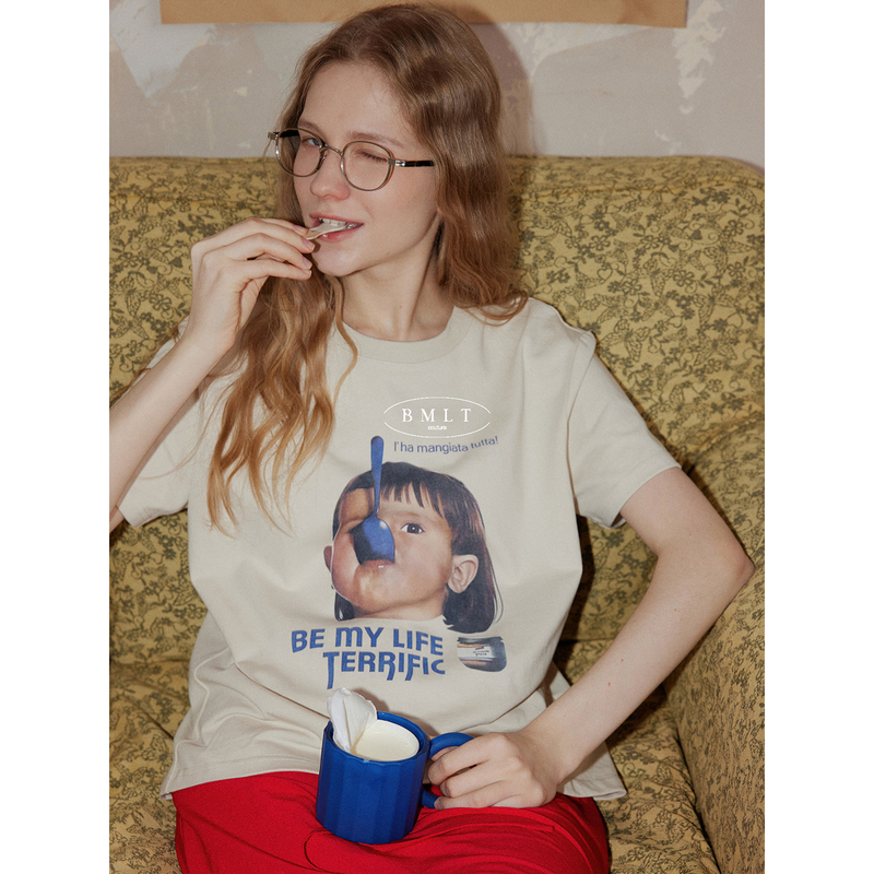 Bmlt [Everyday Fun] Quirky Portrait Print T-Shirt for Women, American Retro Loose Slimming Casual Short Sleeve Top