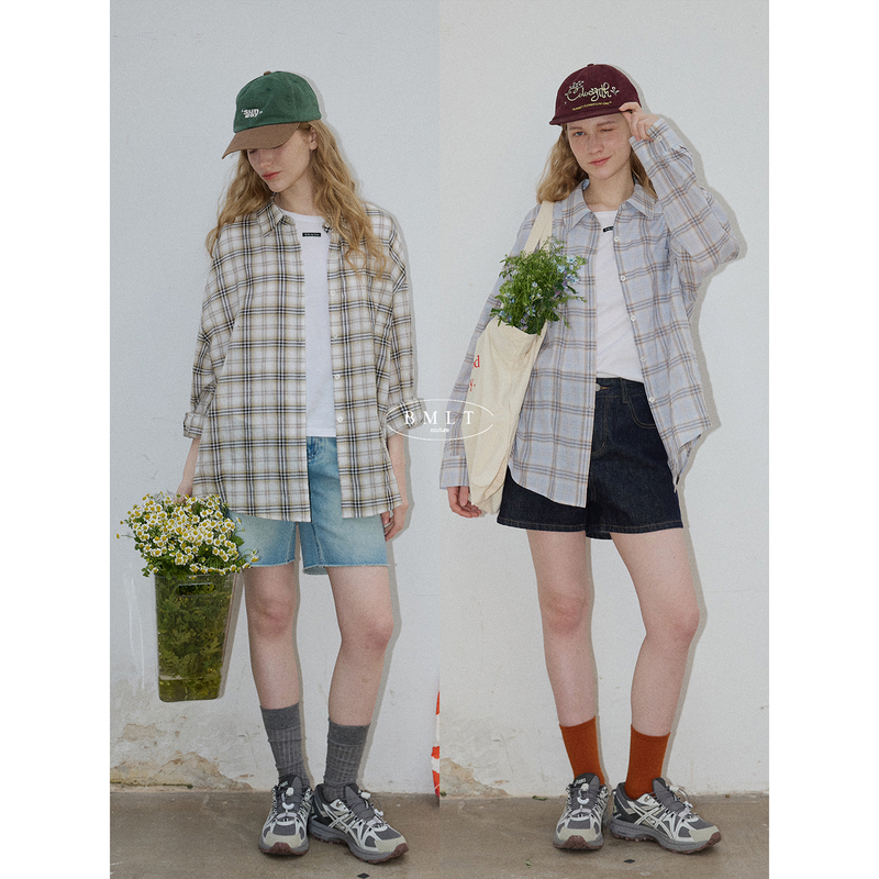 Bmlt [Waves of Wheat and Wind] Retro Plaid Shirt for Women, Long-Sleeved, Loose, Casual, Layered, Versatile, Sun-Protective Shirt Jacket