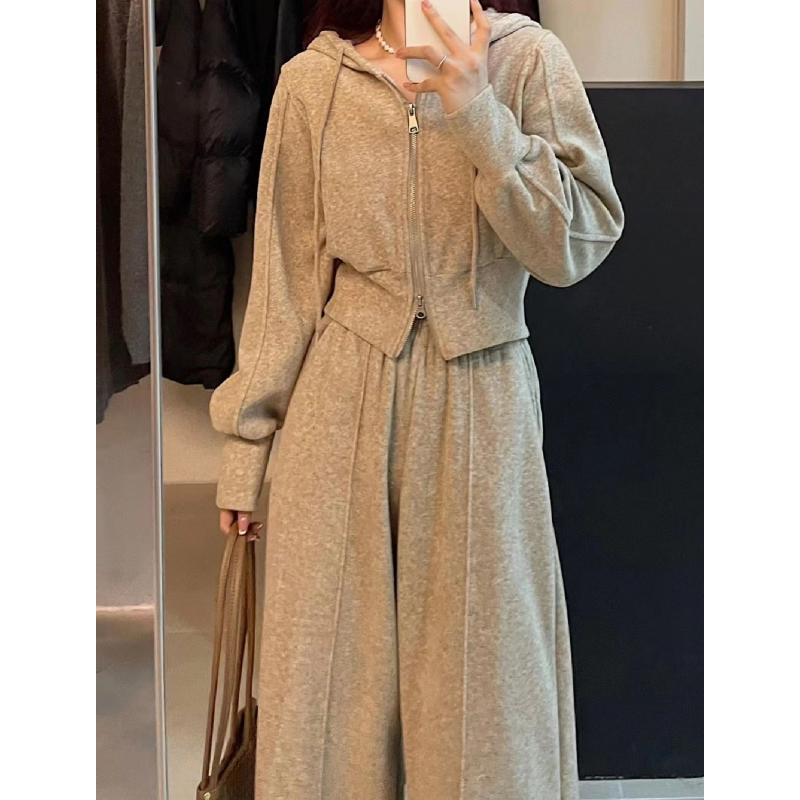 Lazy Style Casual Sports Cashmere Suit for Women in Autumn and Winter Korean Style High-End Hooded Cardigan Wide-Leg Pants Two-Piece Set