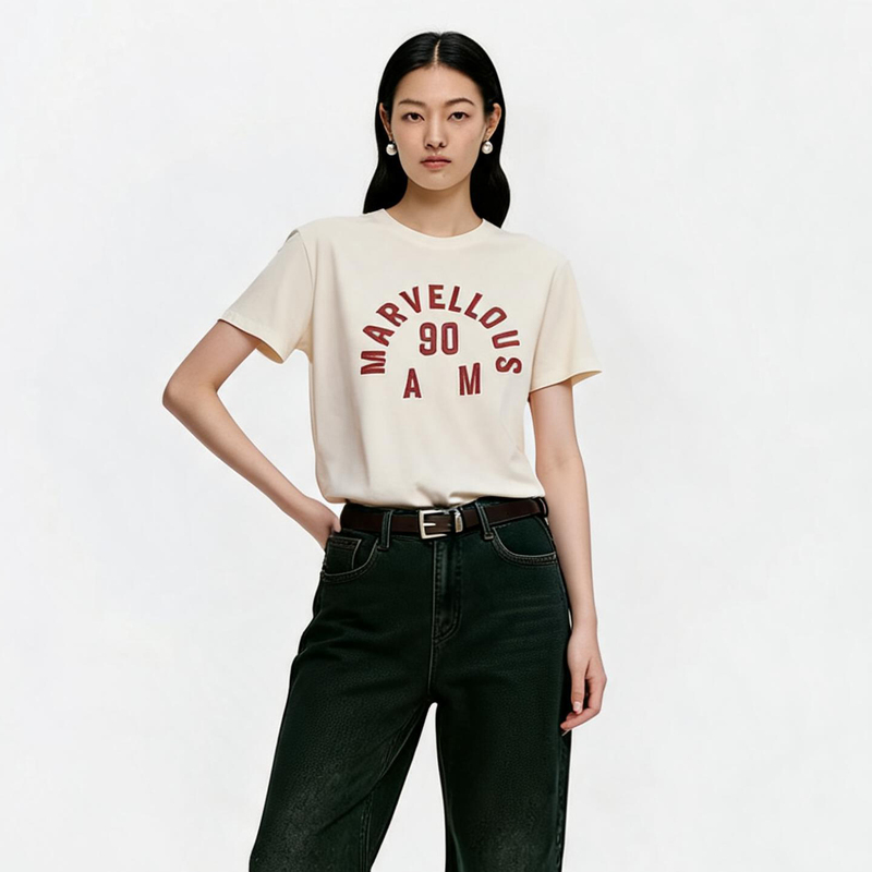 Authentic Mo Brand Short-Sleeve T-Shirt 2026 Autumn New American Retro Jersey Print Washed Cotton Crew Neck for Women