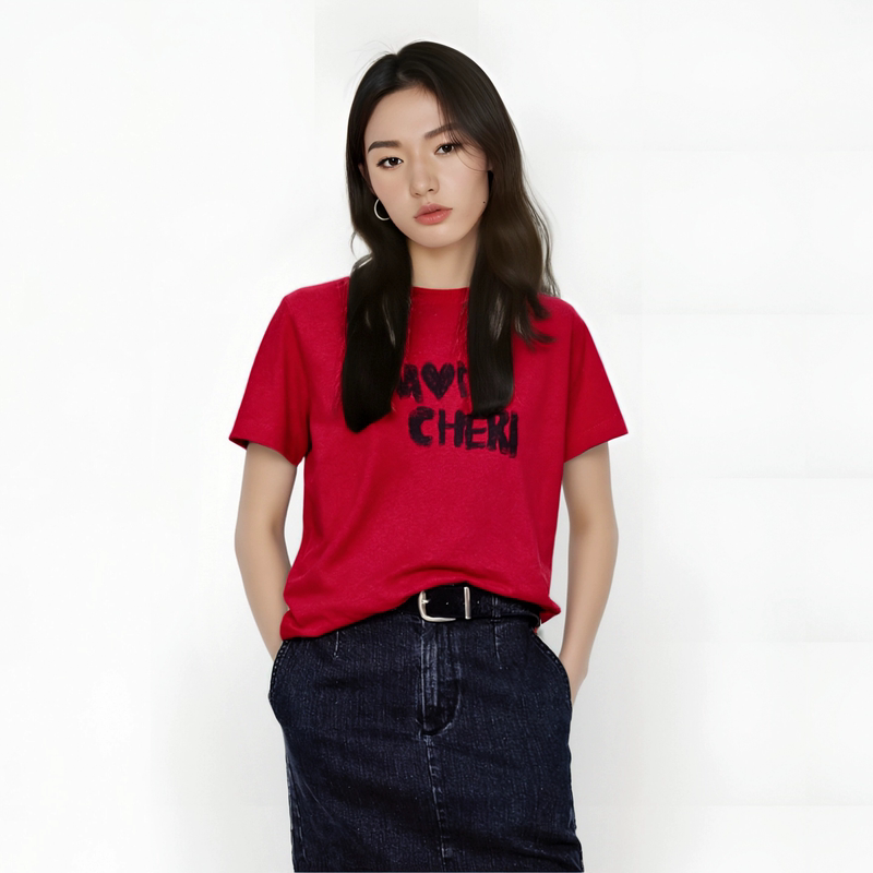 M Brand Direct Delivery 2026 Summer New Cotton Snowflake Yarn Letter Print Round Neck Regular Shoulder Loose H-Line Short-Sleeve T-Shirt