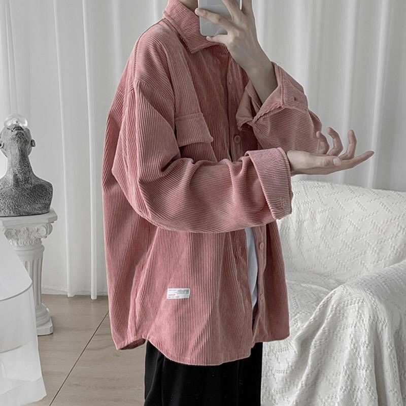 Pink Corduroy Shirt, Salt-Style Men's Japanese Style Outfit, Designer Top, Trendy Brand Corduroy Jacket for Men, Autumn