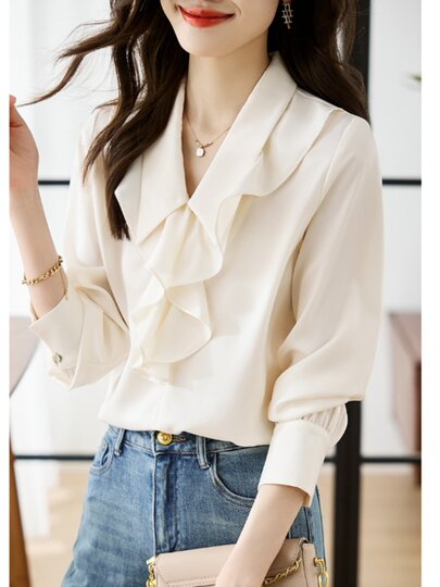 Popular High-End Ruffled Shirt with a Unique Thin Design for Spring, Autumn, and Winter, French-Style Long-Sleeved Top for Professional Wear