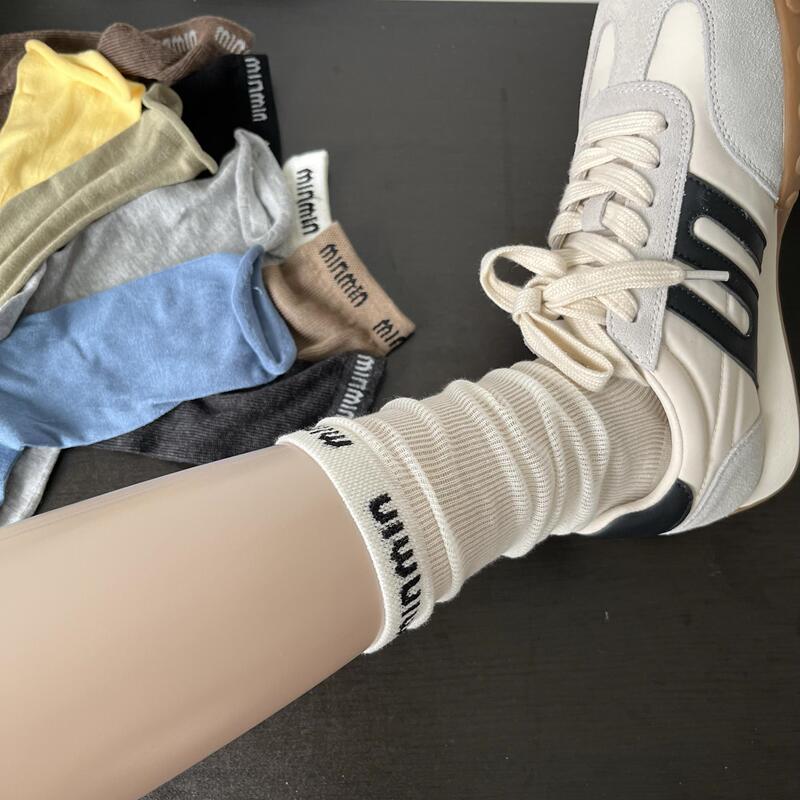 Miu Letter White Slouch Socks for Women, Summer Thin Breathable Fashionable Runway Style Black and Gray Vertical Striped Mid-Calf Socks