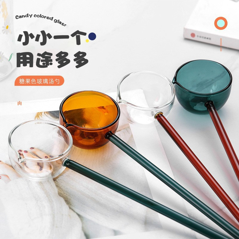 Glass spoon long handle high temperature resistant hot oil spoon honey spoon transparent ins wines jam spoon size glass soup spoon-Taobao