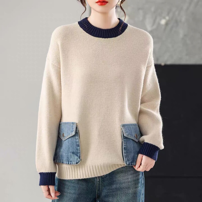 New Autumn and Winter Round-Neck Color-Blocked Denim Pocket Cashmere Knit Sweater for Women, Korean Style Loose Long-Sleeve Base Shirt Sweater
