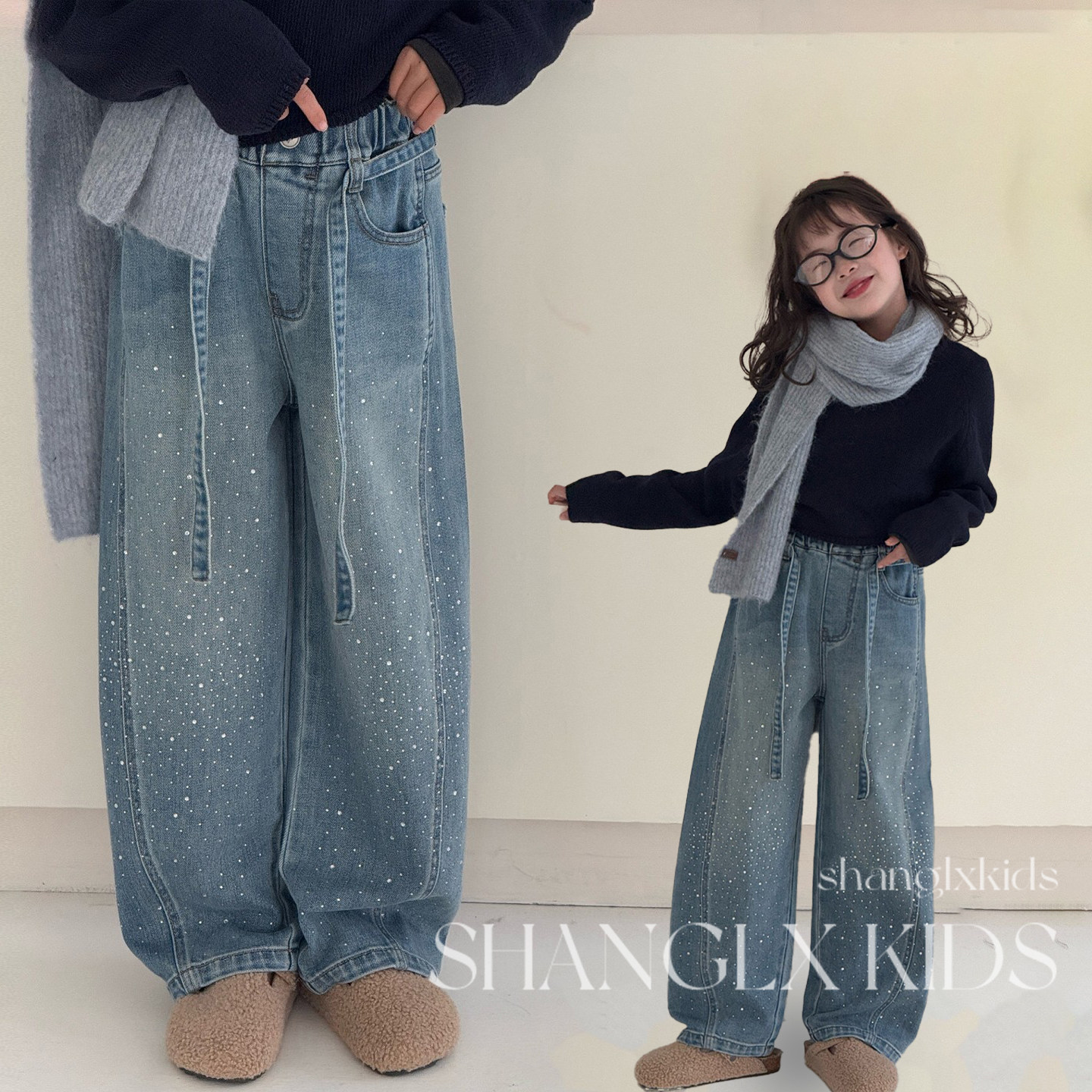 とってもキュートでトレンディな女の子用ジーンズ。春らしいラインストーン装飾のワイドレッグジーンズ。2026年の新作で、子供や女の子に大人気です。