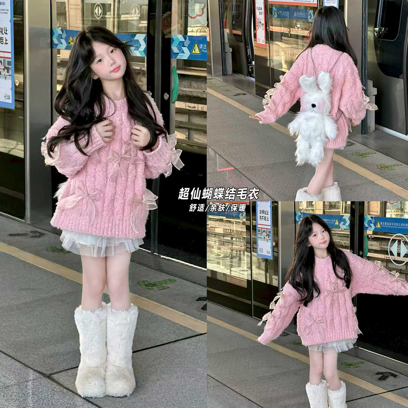 Children's Sweater for Girls 2025 New Style Pink Bowknot Clothing High-End Knitted Top for Girls Autumn and Winter Women's Clothing