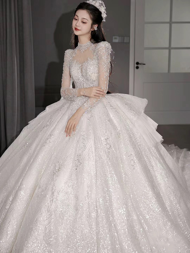 Long -sleeved light wedding dress 2024 new main yarn high -level texture French large size small, high -definition heavy worker fat mm Long -sleeved light wedding dress 2024 new main yarn high -level texture French large size small, high -definition heavy worker fat mm