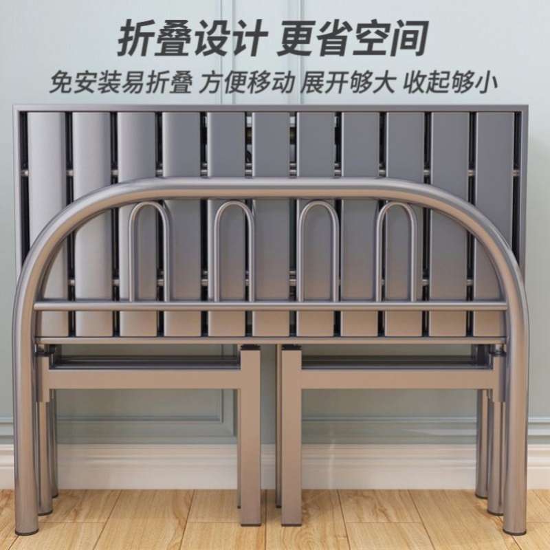 Folding bed frame thickening and thickening single small iron bed children high-end double wire for apartment rental stainless bed