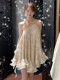 French style gentle style suspender print dress for women summer 2025 new oblique shoulder backless ruffle skirt