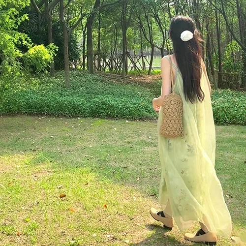 Летнее платье, зеленая длинная юбка, французский стиль, подходит для подростков