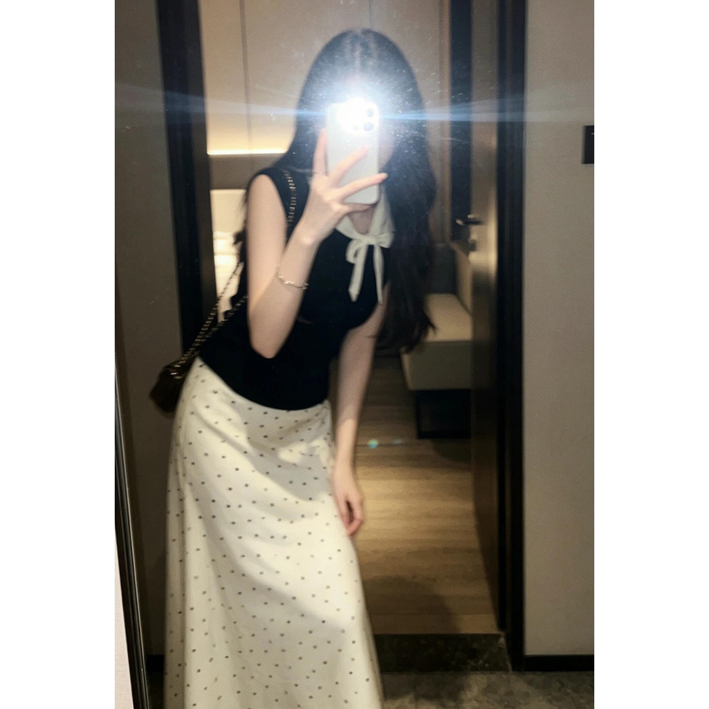 韩系氛围感穿搭一整套裙子夏季气质高级感无袖背心波点长裙两件套