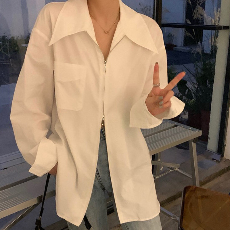 Women's Jacket Early Spring 2026 New French Design Niche White Zipper Shirt Autumn and Winter Unique Blouse Top