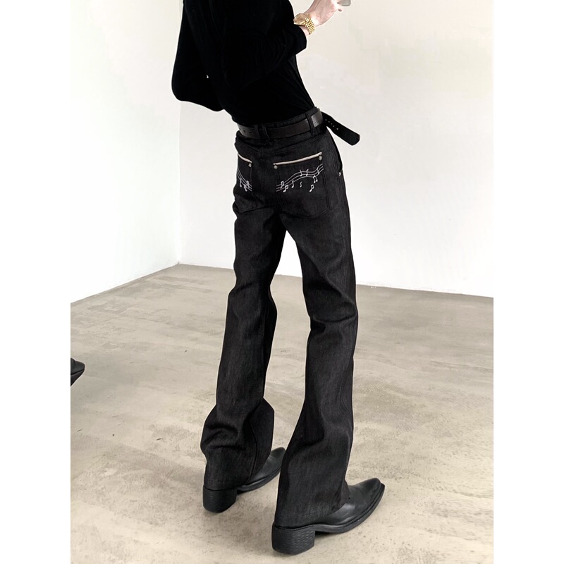 Autumn Mountain Wind/Note Narrow High Street Vibe Raw Denim Flared Pants for Men, Height-Enhancing, Extra Long, Stacked Jeans, Cleanfit