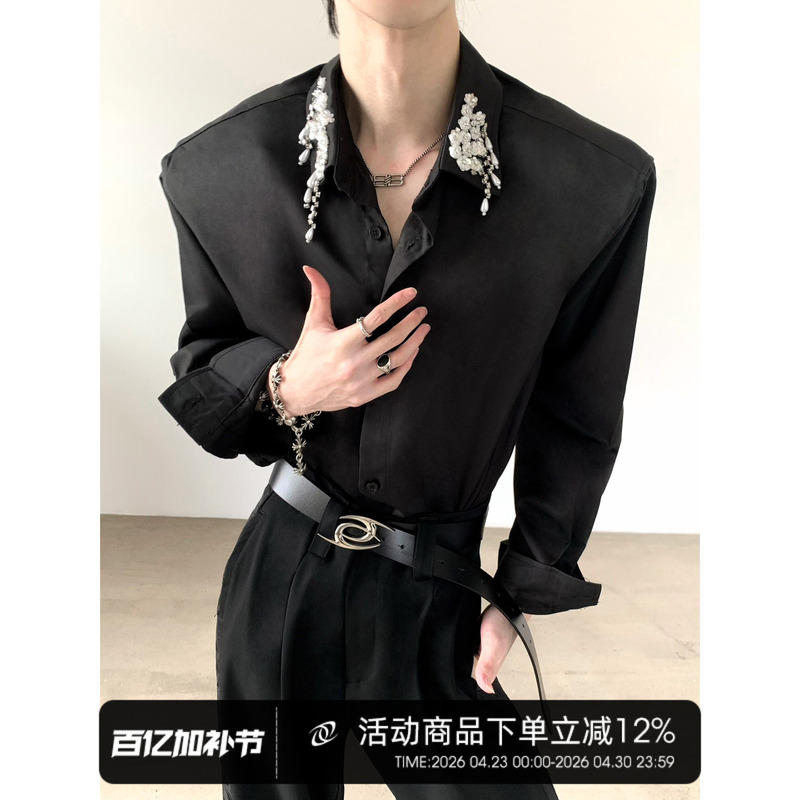 Autumn Mountain Style/Unique and Elegant Diamond-Studded Shoulder Pad Black Shirt for Men, High-End Design, Oversized, Light Luxury, Cool and Trendy Shirt