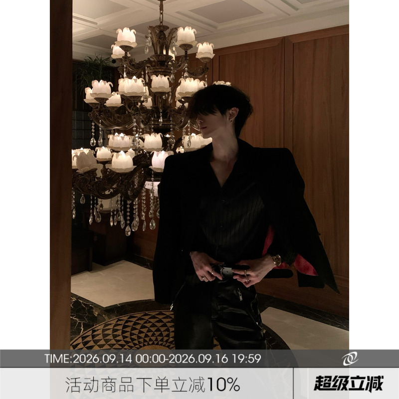 Autumn Mountain Style/Original Elegant and High-End Black Waist-Cinching Red Inner Suit Men's High-End Casual Padded Shoulder Suit Jacket Autumn Mountain Style/Original Elegant and High-End Black Waist-Cinching Red Inner Suit Men's High-End Casual Padded Shoulder Suit Jacket