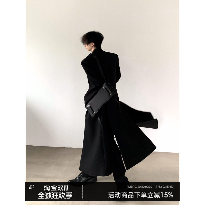 Autumn Mountain Wind/Dark Knight Slim Fit Waist-Cinching Shoulder-Padded Black Coat Men's High-End Long Trench Coat Blazer