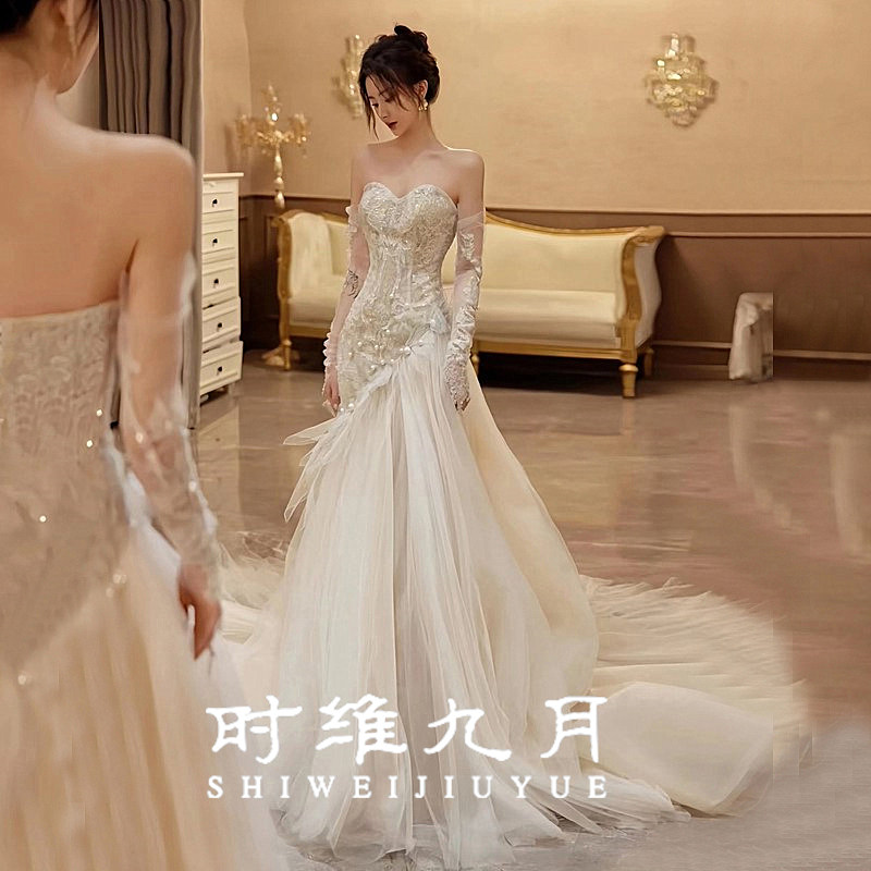 2023 new bridal main wedding dress Long sleeves Detachable two wearing skinny fish tail out door yarn Greeting Bing long trailing Winter-Taobao