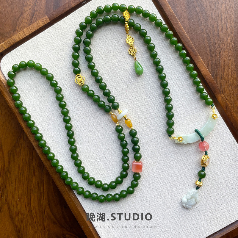 Jade Pixiu Crossbody Chain Beaded Necklace, New Chinese Style Necklace for Women, National Style Cheongsam Accessory, Ancient Style Back Chain Jade Pixiu Crossbody Chain Beaded Necklace, New Chinese Style Necklace for Women, National Style Cheongsam Accessory, Ancient Style Back Chain