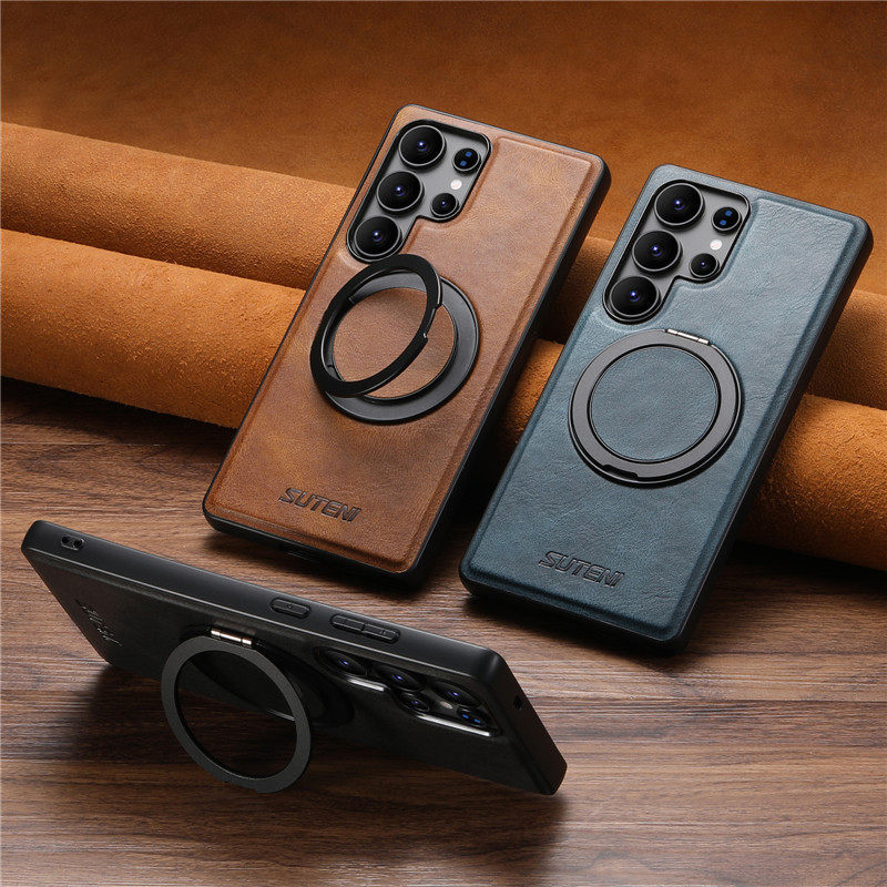Magnetic Charging Genuine Leather Samsung S26 Ultra Phone Case with a High-End Feel, Galaxy S25+ Protective Cover, S24 Ultra Folding Stand, New S24U, Anti-Drop S23U, Suitable for Men, S26U