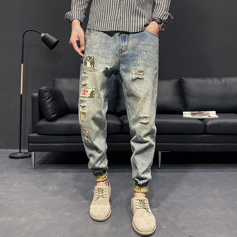 Kangshi Yishu Trendy New Ripped Jeans for Men, Spring Slim-Fit American Retro Jogger Loose Cropped Pants Kangshi Yishu Trendy New Ripped Jeans for Men, Spring Slim-Fit American Retro Jogger Loose Cropped Pants