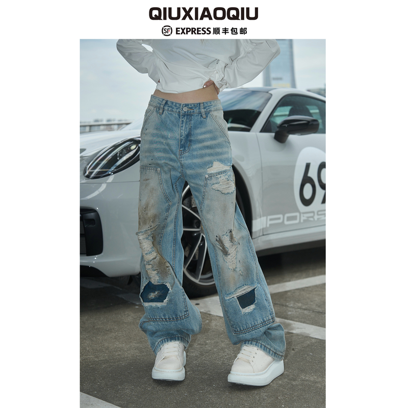 【Qiuxiaoqiu】25Fw Washed and Distressed M6 Ripped Mud-Dyed Jeans Unisex Trendy Style
