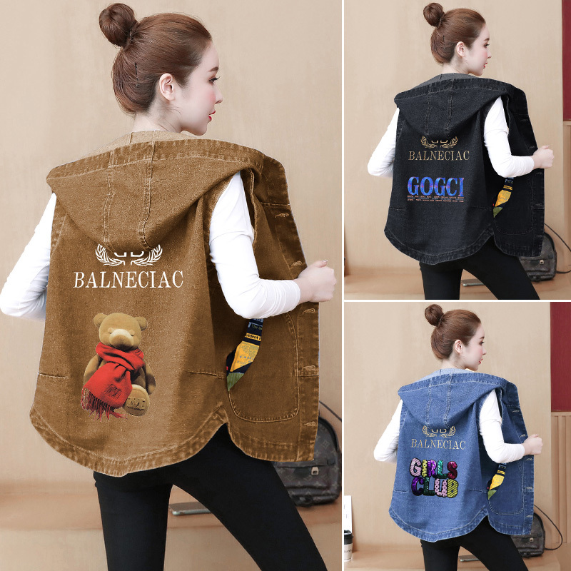 2026 New Printed Hooded Denim Vest Jacket for Women, Spring and Autumn Loose Casual Vest Trendy 2026 New Printed Hooded Denim Vest Jacket for Women, Spring and Autumn Loose Casual Vest Trendy