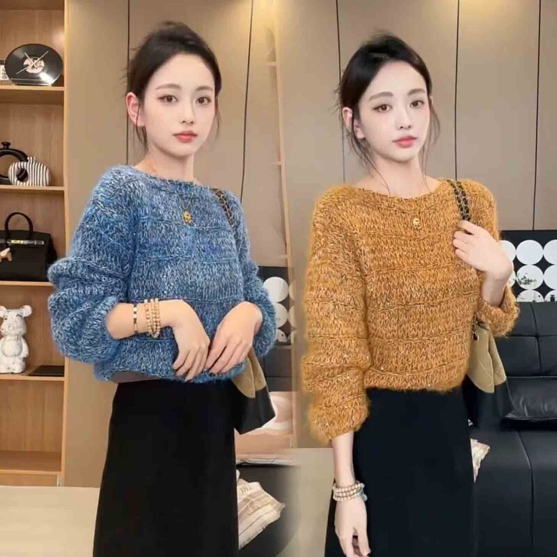 2026 Early Autumn New Style Atmospheric Sequin Shimmer Knit Sweater Off-Shoulder Soft Loose Slimming Pullover Sweater for Women
