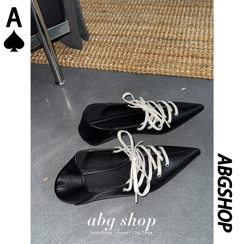 「Abg Shop」French Minimalist Leather Shoes with Bow, Pointed Toe, Lace-Up, Shallow Slip-On Flat Shoes