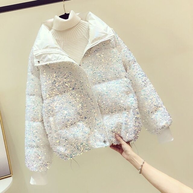 Foreign trade brand cutting label orphan sample clothing sequined down cotton clothing women's loose stand-up collar short bread clothing cotton jacket