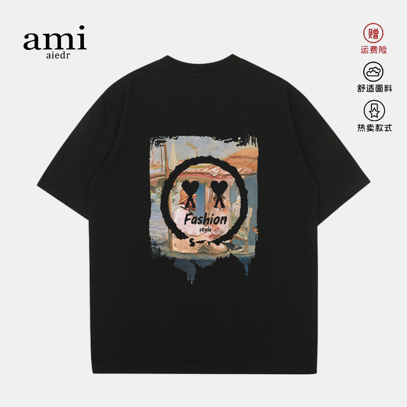 Ami Aiedr Official Short-Sleeved T-Shirt for Men and Women, Couple Style, Loose Fit, Sports Casual Trendy Brand Top, Official Flagship Store