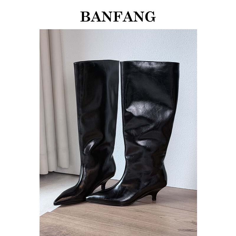 Banfang 5.5cm Glossy Pointed Toe Kitten Heel Slouchy Long Boots for Women, Soft Leather Ruched High-Tube Riding Boots Banfang 5.5cm Glossy Pointed Toe Kitten Heel Slouchy Long Boots for Women, Soft Leather Ruched High-Tube Riding Boots
