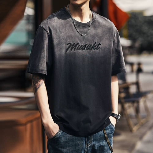 格蓝鹿 Ретро хлопковая футболка с коротким рукавом, в американском стиле, оверсайз, градиент