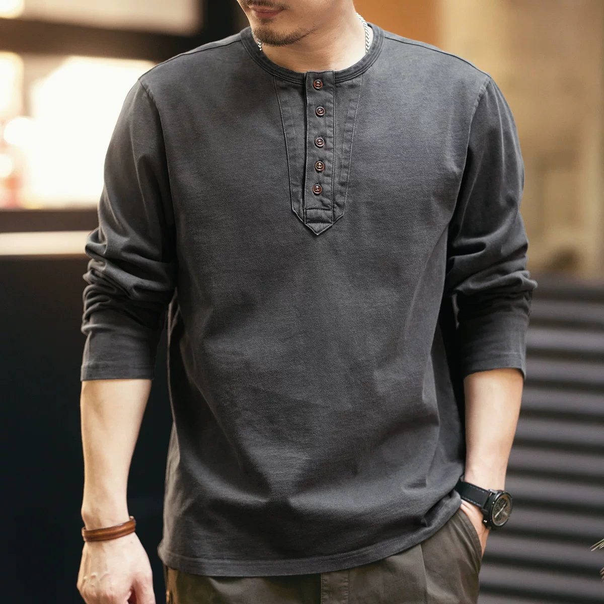 格蓝鹿 Elite retro autumn cotton base body-friendly long-sleeve, loose fit, high collar