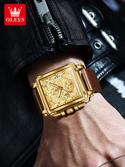 瑞士欧利时品牌男士气质大表盘手表方形石英男表防水皮带金色方表