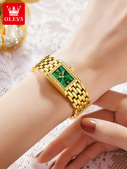 New Oulisi Brand-Name Women's Square High-End Watch, Quartz Watch for Women, Waterproof Green Dial Square Watch, Green Women's Watch