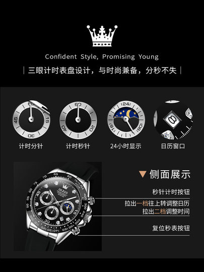 Новые мужские часы Swiss Oulisi черно-белые с изображением панды Daytona, мужские кварцевые часы, модные водонепроницаемые мужские часы.