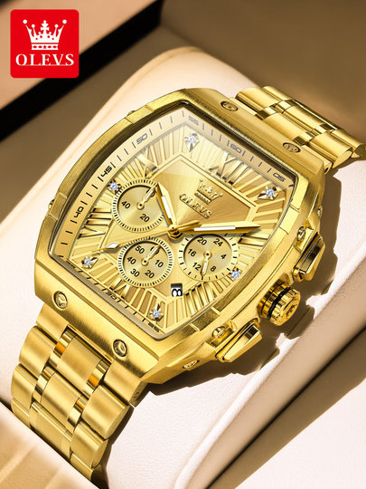 瑞士欧利时品牌酒桶型手表男石英腕表男士多功能金色方表防水金表