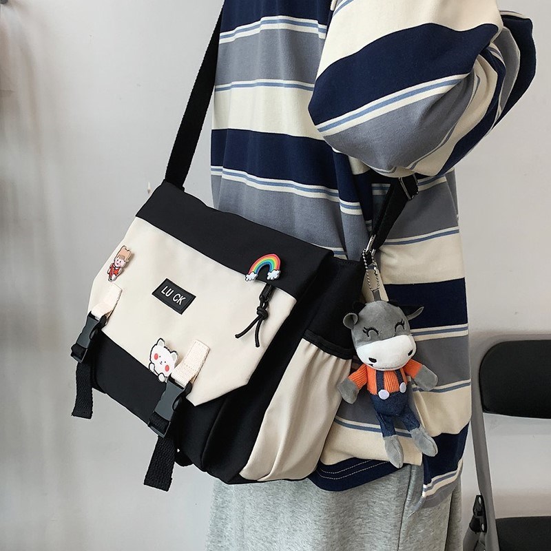 Tide Card Postman Bag Men College Student Clothing canvas Single-shoulder bag Japanese Diagonal Satchel hit Color Large-capacity Inclined Cross School Bag