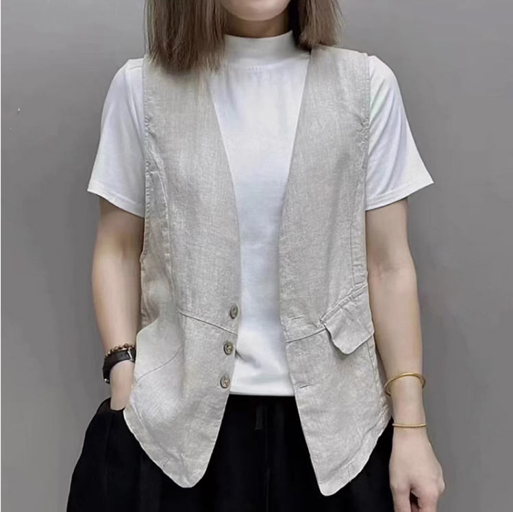 Japanese Style Export Last Order Pure Color Cotton and Linen Waistoutwear Vest Layered with V Neck Top and Linen Sleeveless Vest Jacket