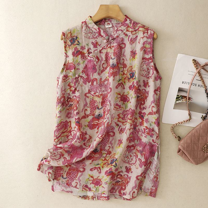 Chinese-Style Cotton and Linen Oblique Placket Improved Button-Down Cheongsam Shirt for Women, Summer Mid-Length Slit Sleeveless Vest, Linen Floral Top
