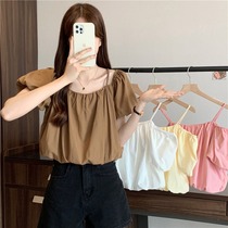 One shoulder puff sleeve suspender shirt womens summer new style 2024 loose lazy style retro shirt top trend