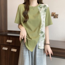 Chinese style tie-dye right shoulder short-sleeved T-shirt bottoming shirt for women summer plus size fat mm cover belly slimming irregular top