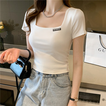 Short-sleeved white T-shirt for women slim fit new pure cotton large U-neck bottoming shirt high-waisted short French square-neck top